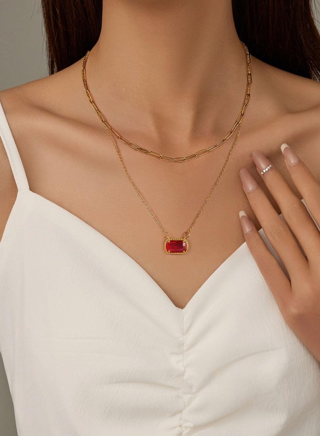 Lourny Gemstone Birthstone Pendant Layered Necklace for Women Trendy, 18K Gold Plated Paperclip Chain Preppy Choker Charm Necklace for Women Wife Jewelry (Red) - Image 4